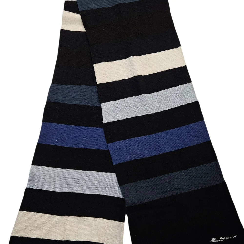 Ben Sherman Knit Scarf Black Blue Gray Striped Winter Mod Y2K 62x9